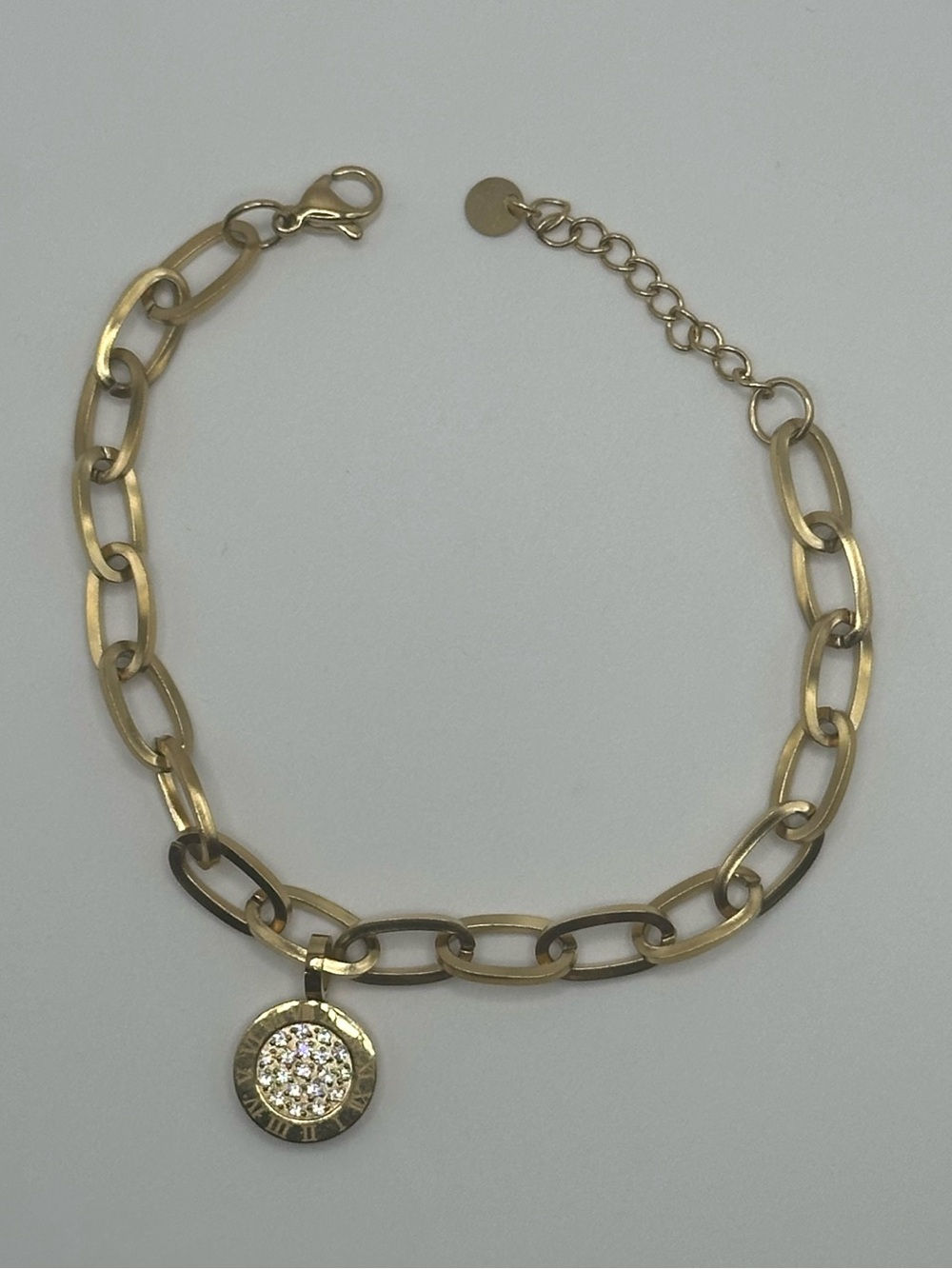 Gold Chain Link Bracelet with Pave Disc Pendant